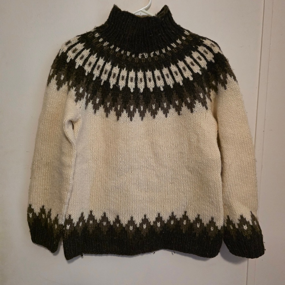 Vintage Hand Knit Womens Nordic Sweater Size Small Cream Brown Fair Isle Wool